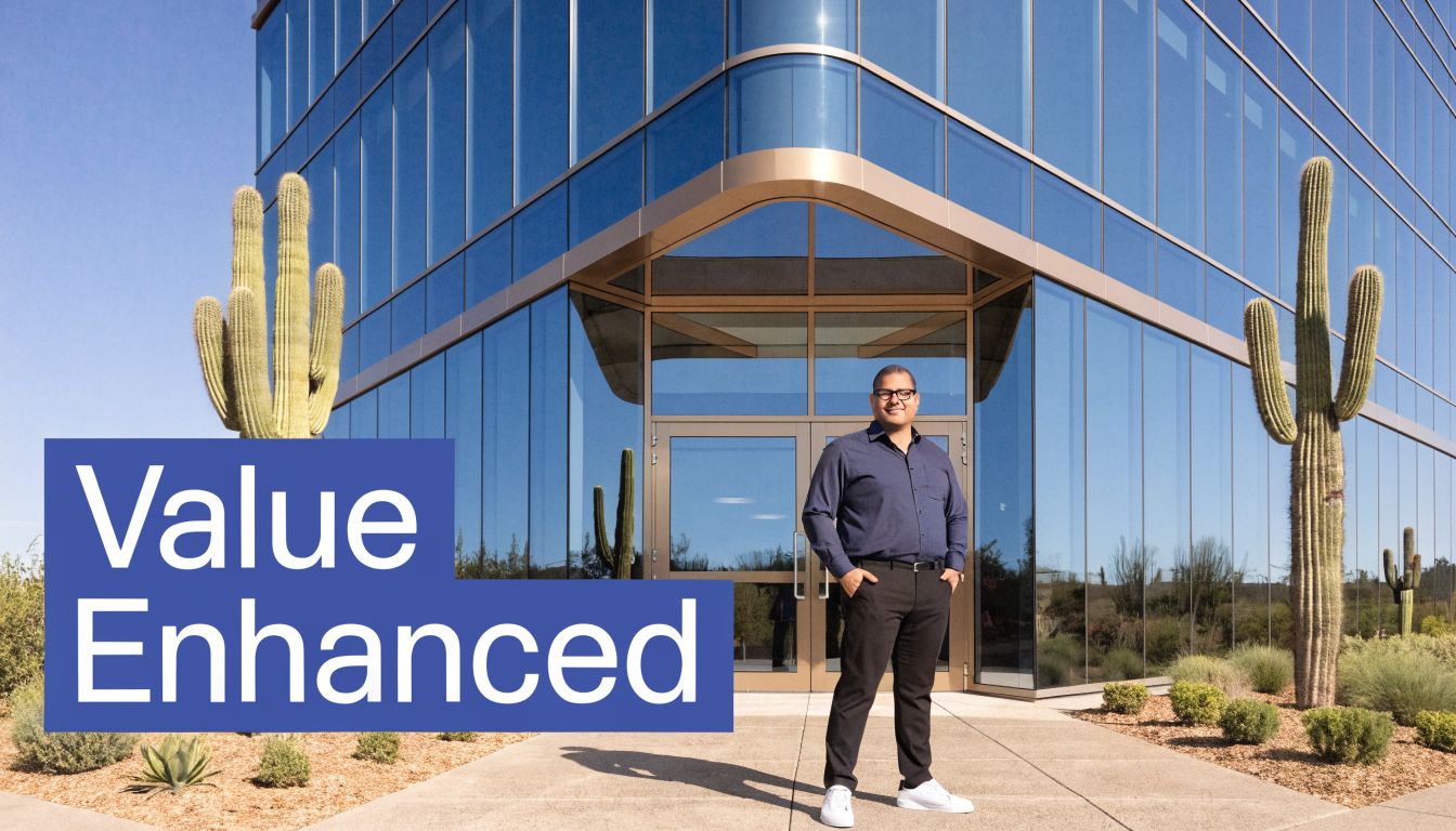 A professional man standing in front of a modern glass office building with saguaro cacti.