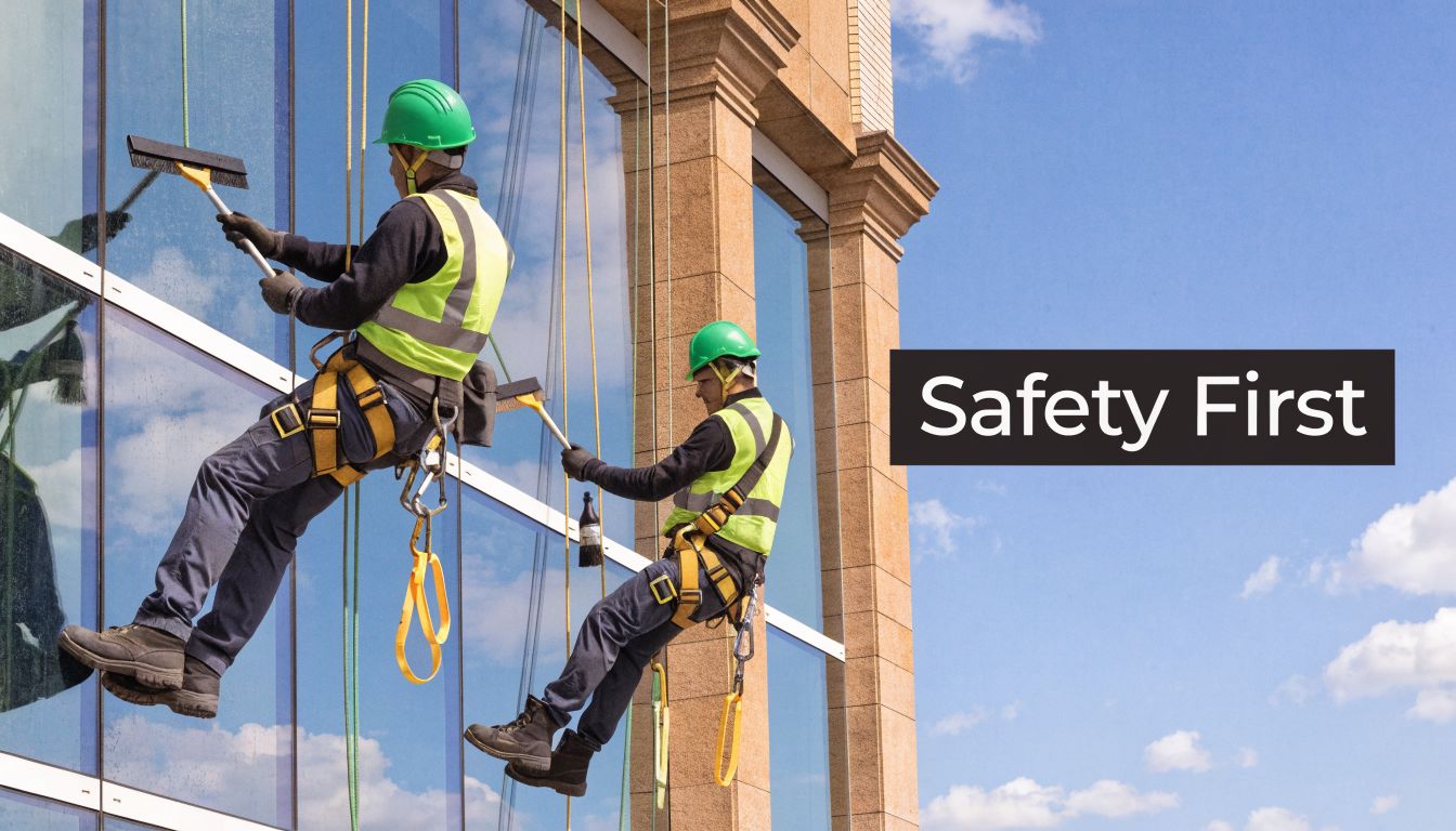 Two professional window cleaners wearing safety harnesses and helmets suspended on ropes cleaning a glass office building.