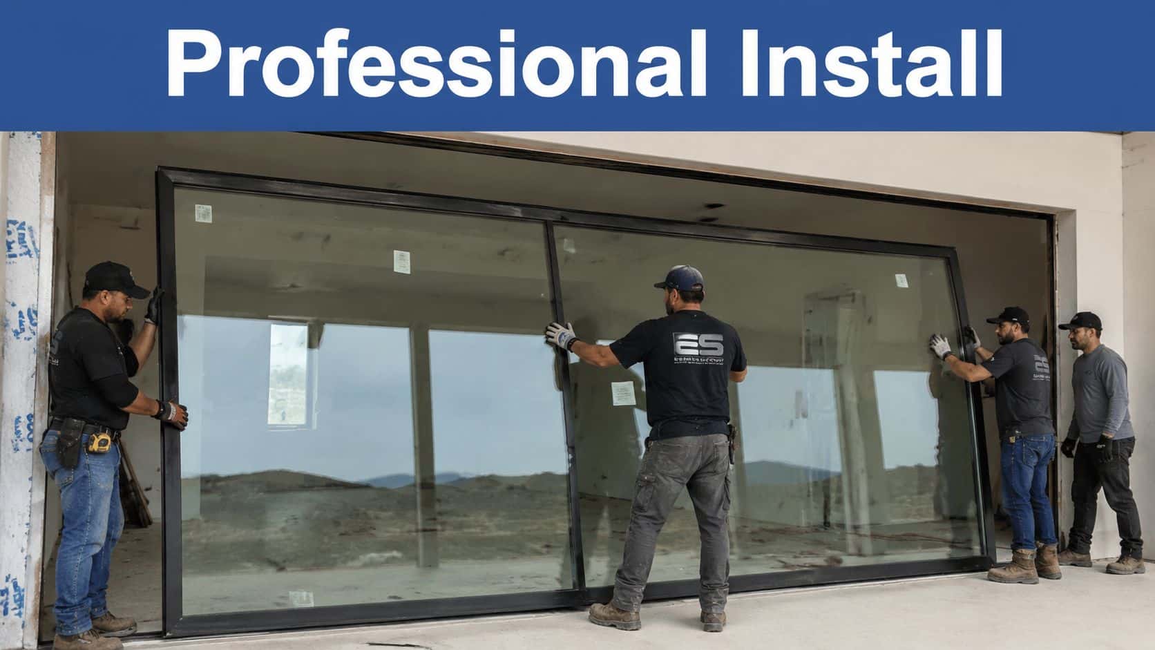 Four construction workers professionally installing a large 12 foot sliding glass door into a residential building frame.