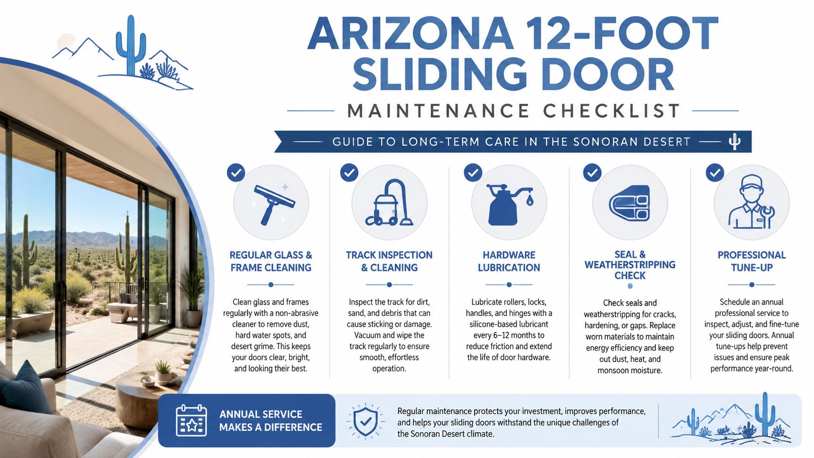 A maintenance checklist for 12-foot sliding glass doors tailored for long-term care in the Sonoran Desert.