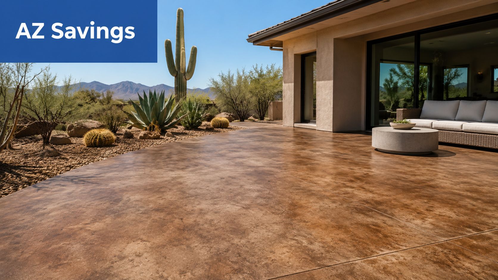 A luxurious outdoor patio in Arizona featuring beautiful brown acid-stained concrete flooring under a bright sky.
