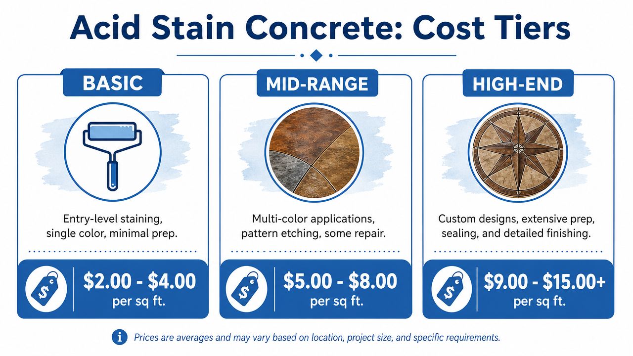 A chart showing price tiers for acid stain concrete ranging from basic to high-end custom designs.