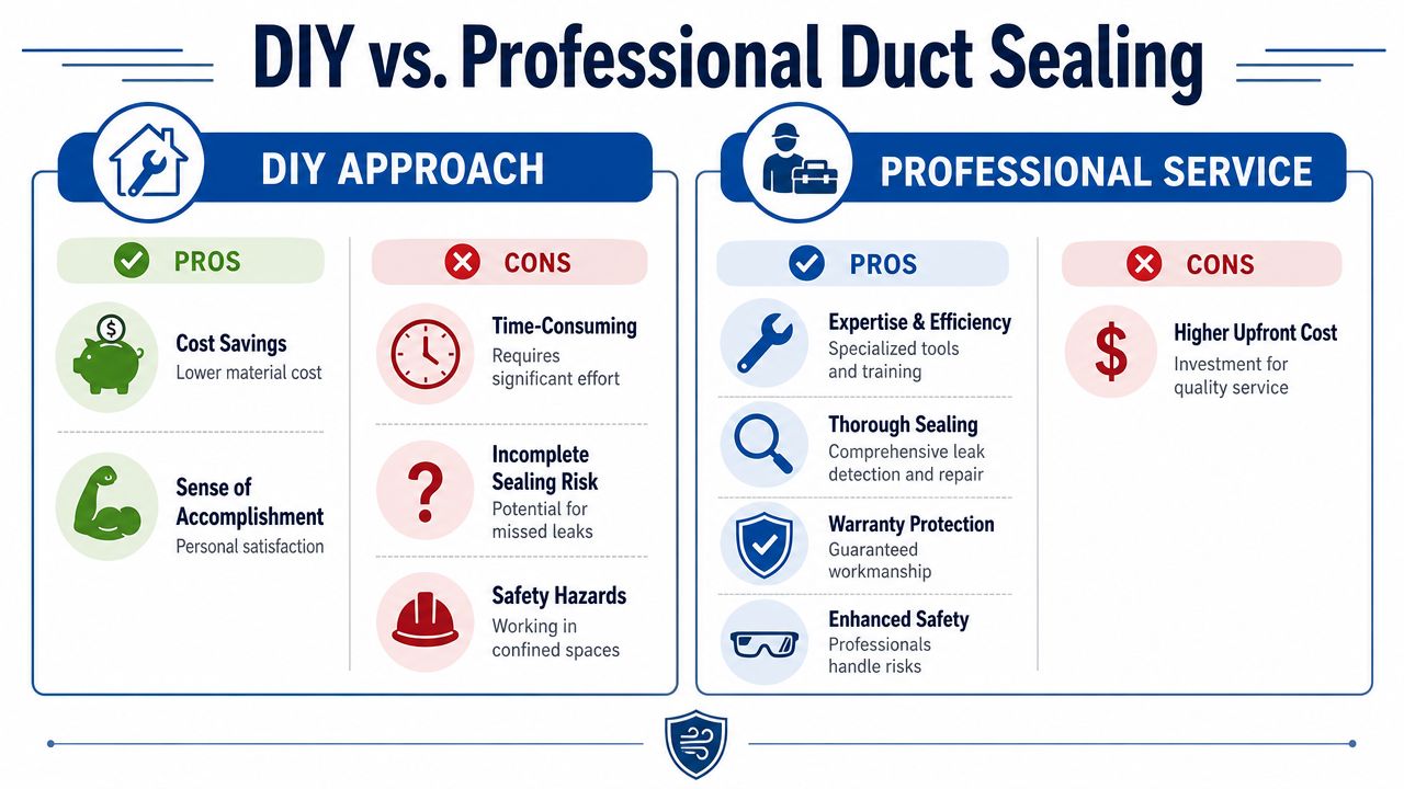 A comparison infographic detailing the advantages and disadvantages of DIY versus professional air duct sealing services.