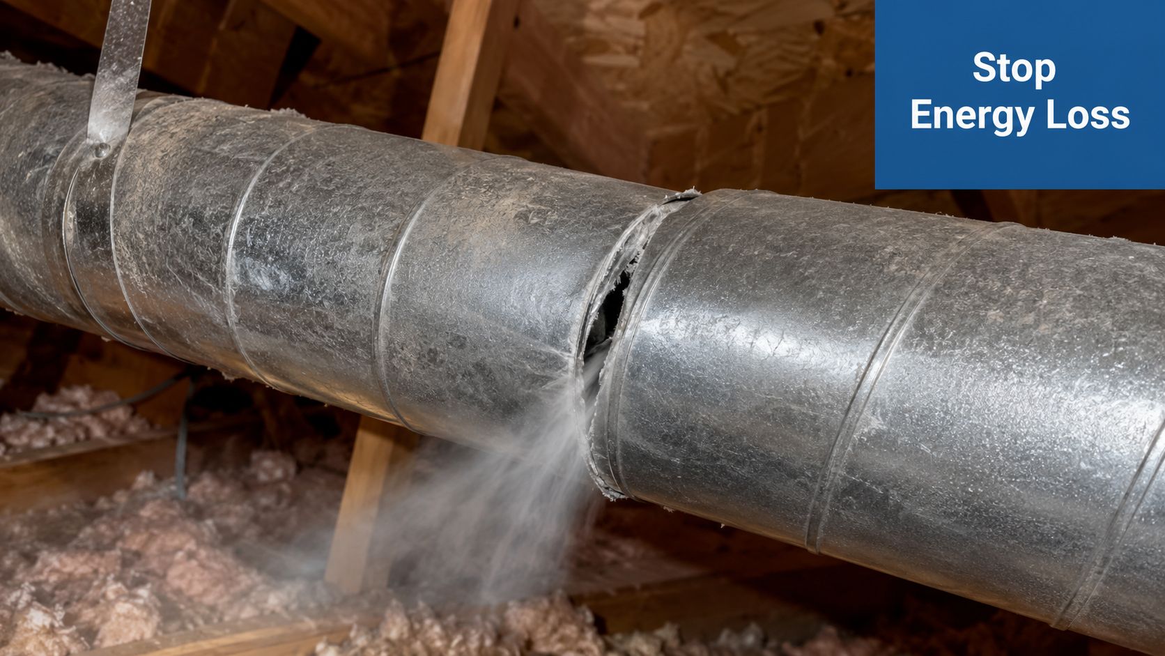 A leaking metal air duct in an attic causing significant energy loss and inefficient HVAC system operation.
