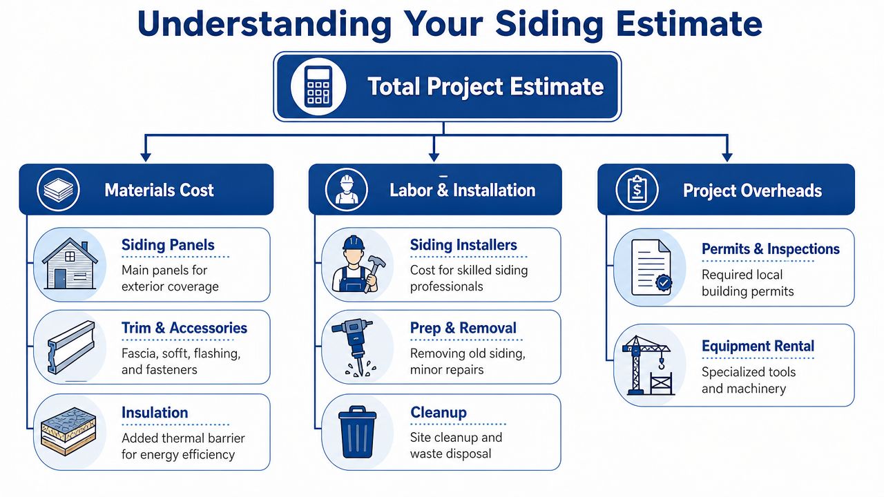 A diagram breaking down the total cost estimate for home siding into materials, labor, and overhead.