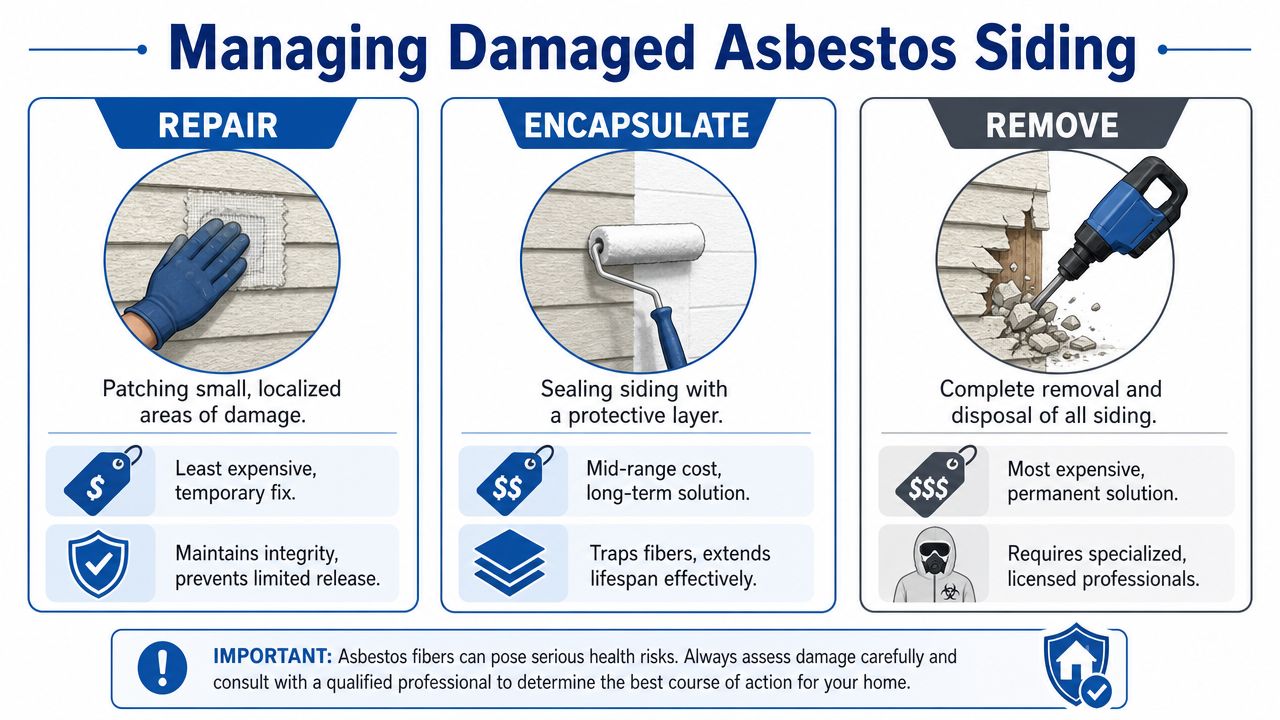 An infographic illustrating three methods for managing damaged asbestos siding: repairing, encapsulating, and removing the material.
