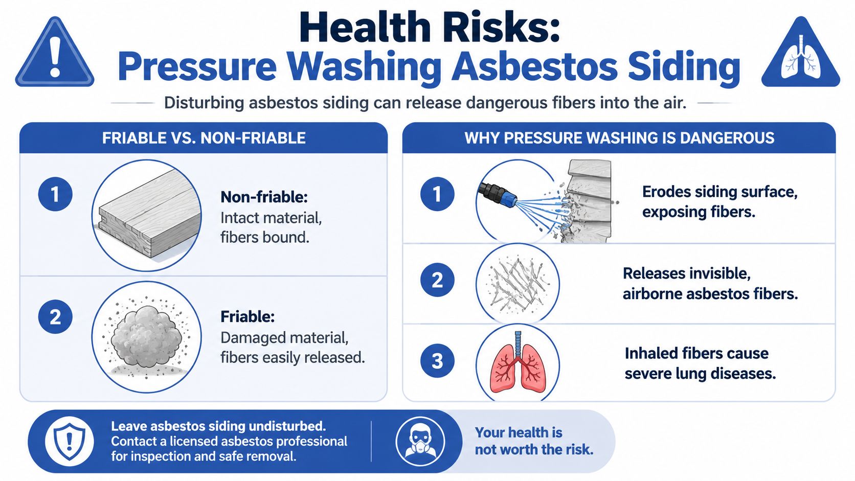 An infographic showing the health risks of pressure washing asbestos siding and why it releases dangerous fibers.
