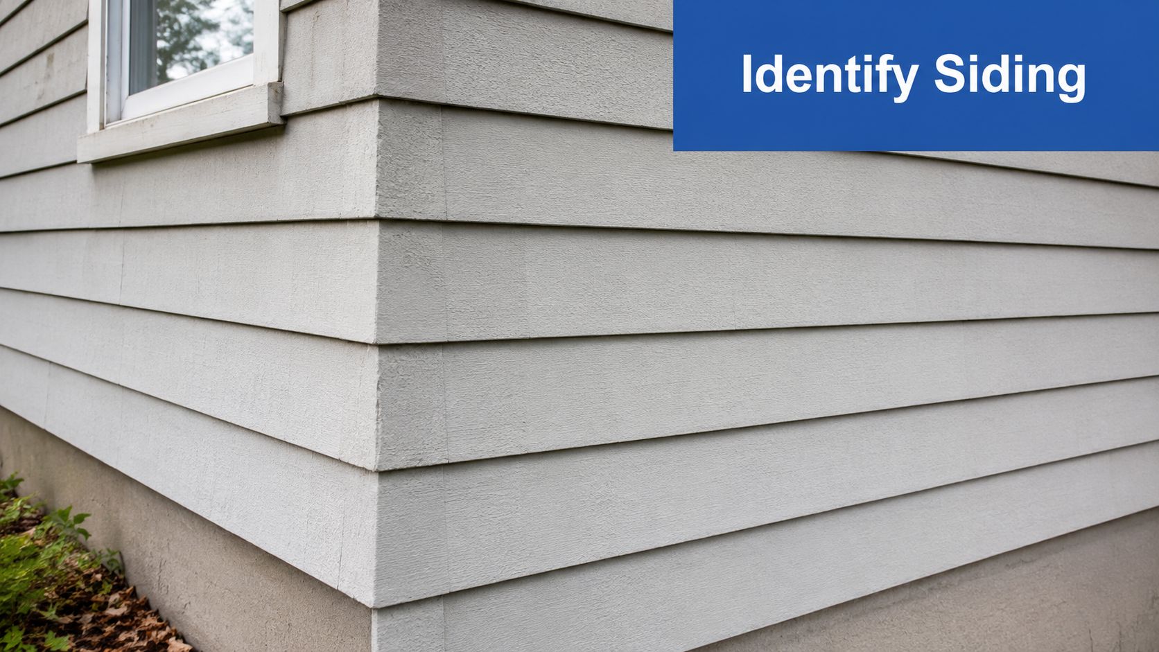 A close-up view of grey horizontal lap siding panels installed on the corner of a house exterior.