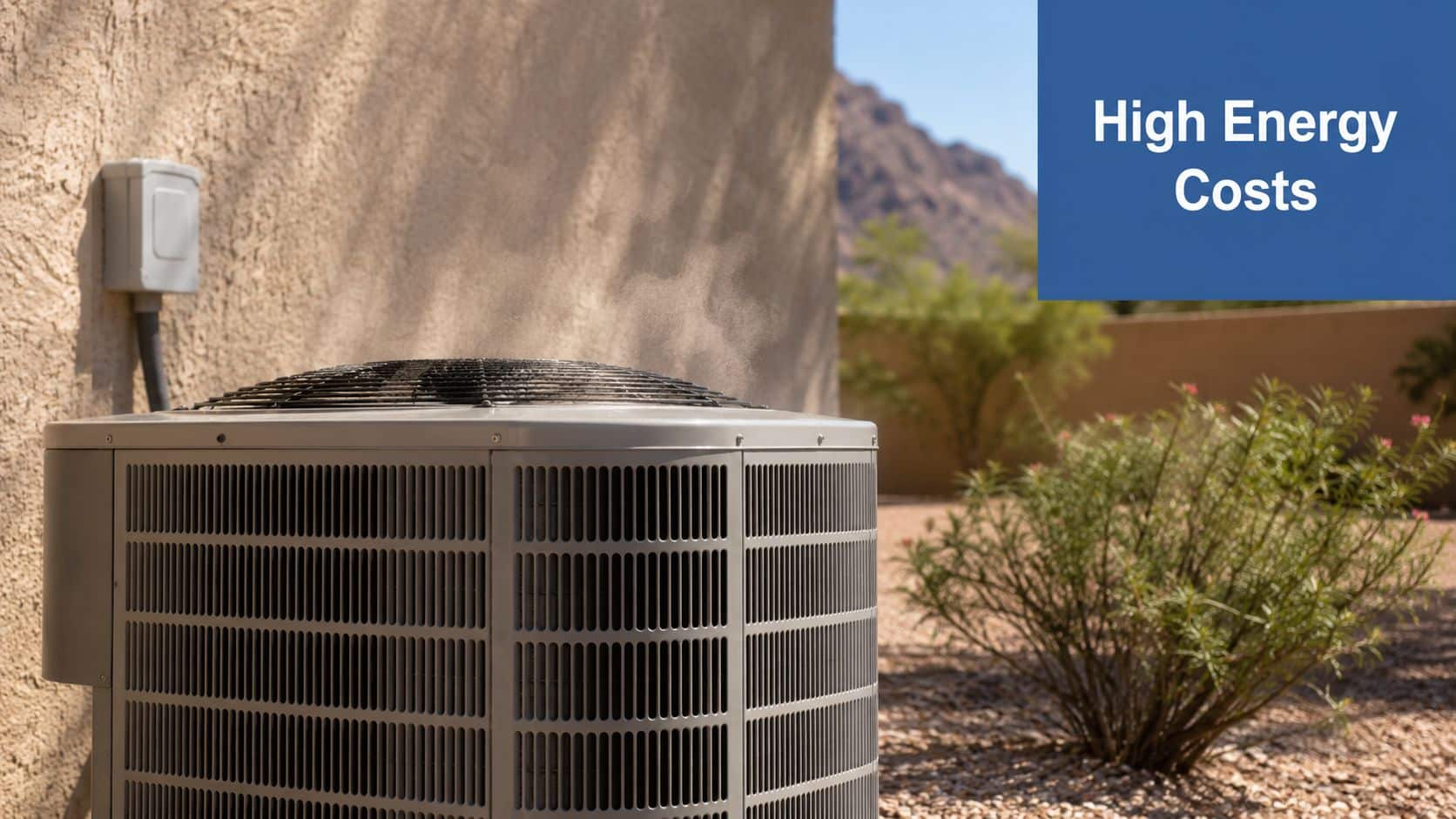 An air conditioning unit operating outside a house during a hot day in Arizona.