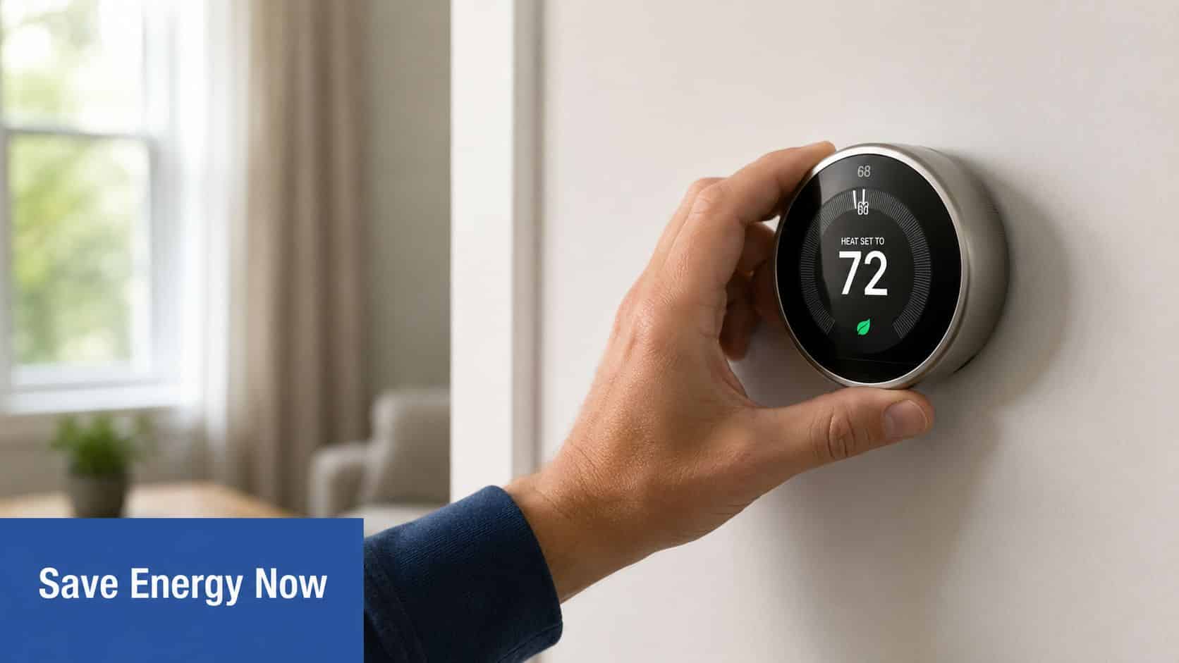 A person adjusting a smart thermostat on a wall to control home temperature and save energy.