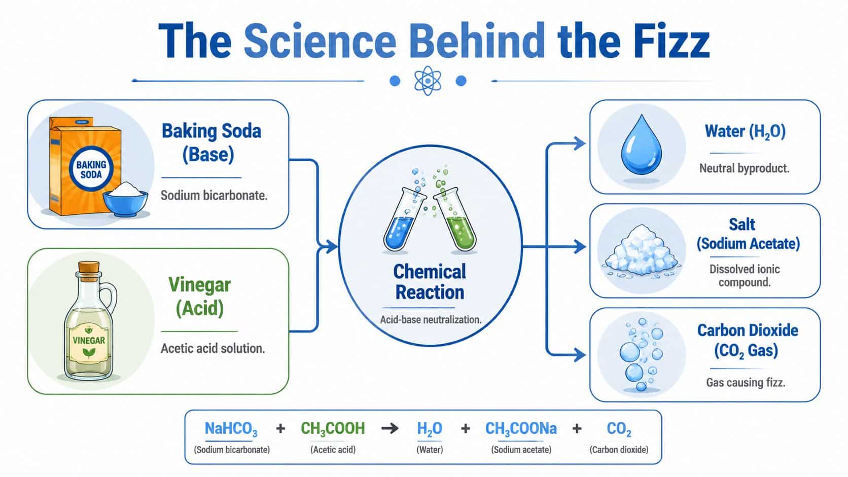 A science infographic explaining the chemical reaction between baking soda and vinegar to produce carbon dioxide gas.