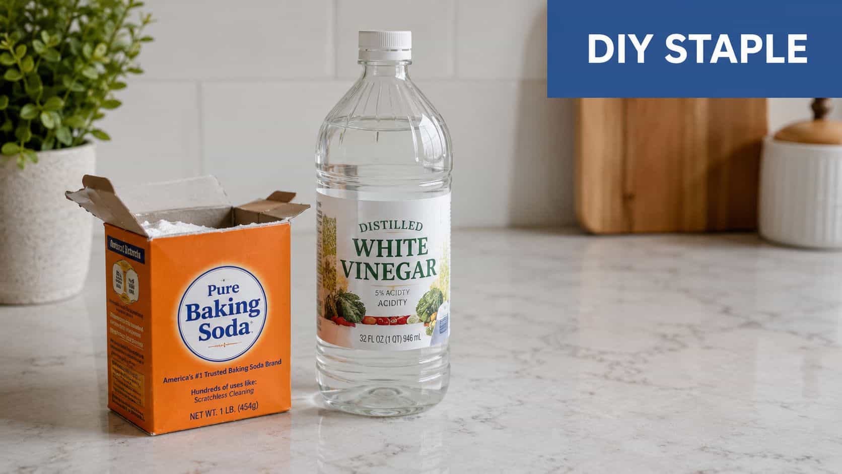 A box of pure baking soda sits next to a bottle of distilled white vinegar on a countertop.