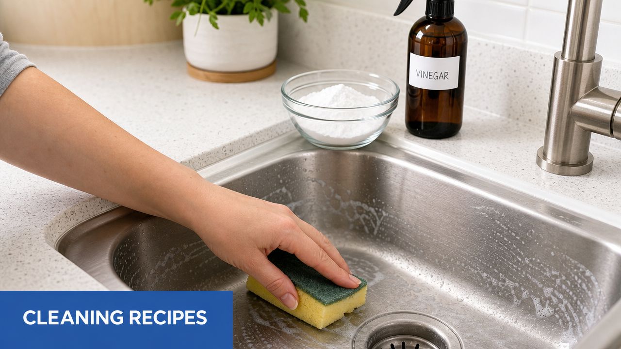A person scrubbing a stainless steel kitchen sink with a sponge using vinegar and baking soda cleaning products.