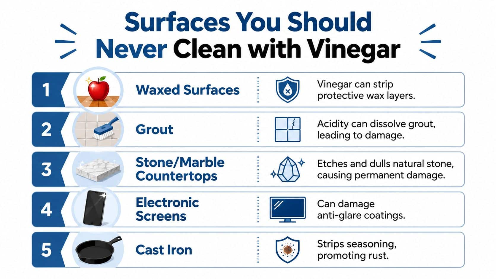 An infographic showing five household surfaces that should never be cleaned with acidic vinegar to prevent damage.