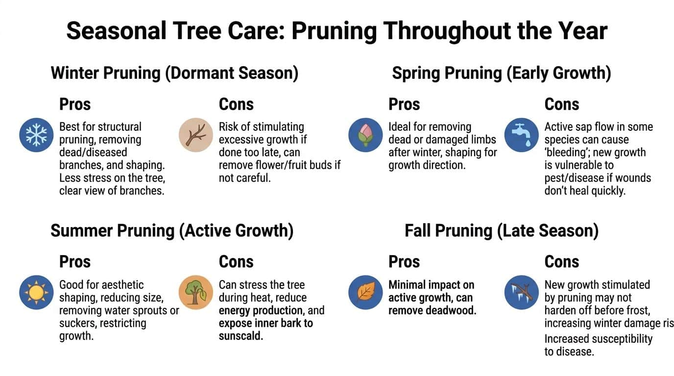 An infographic showing the pros and cons of pruning trees during each of the four seasons.