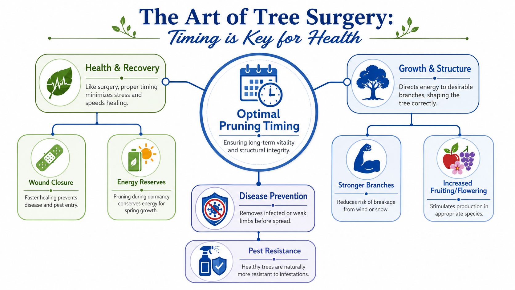 An infographic detailing the benefits of tree pruning at the optimal time for health and structure.