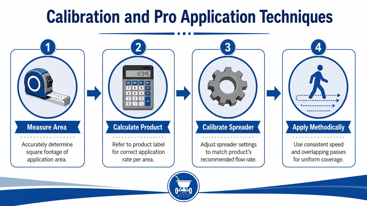 An infographic showing four steps for lawn fertilizer spreader calibration and professional application techniques.