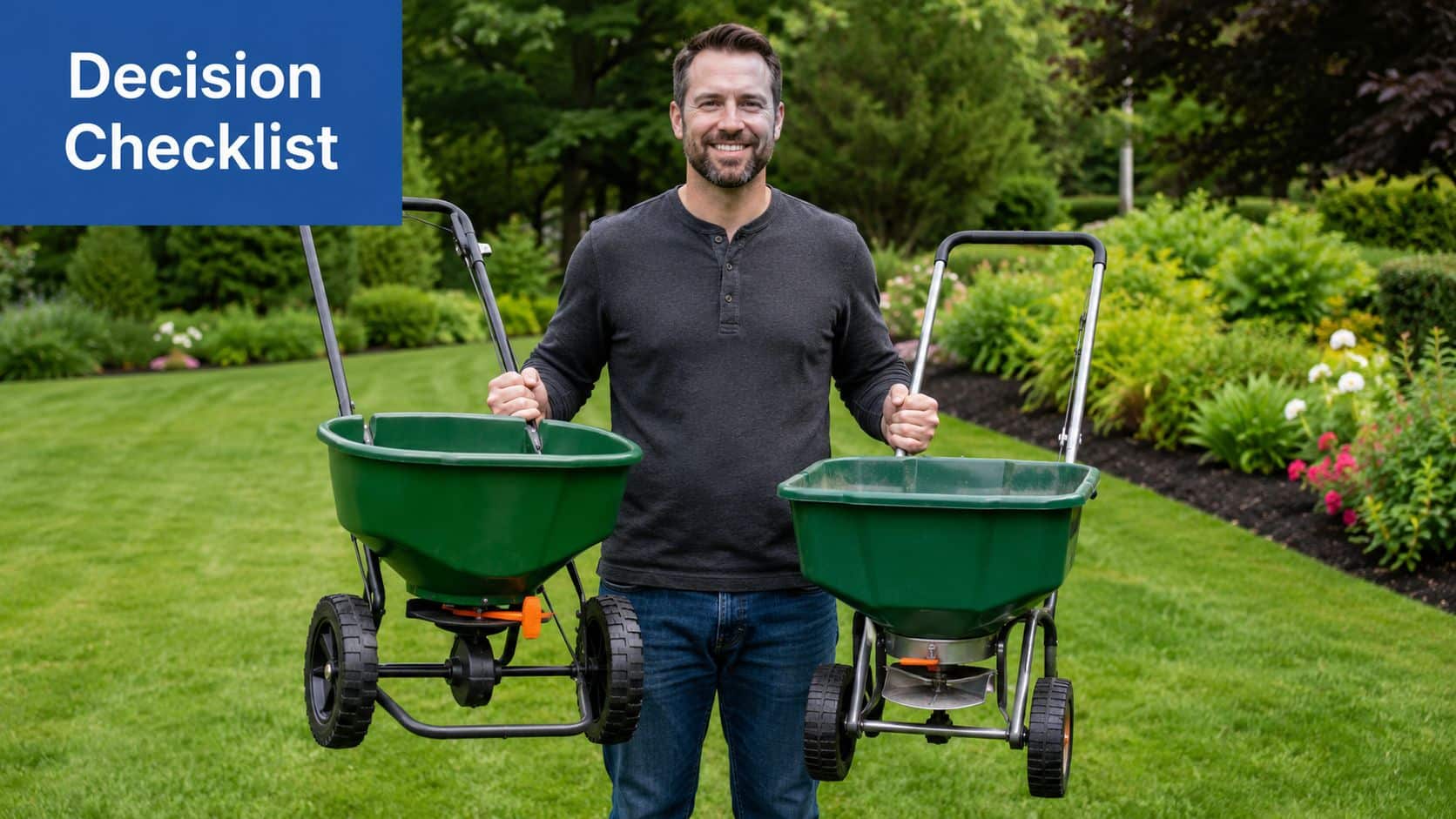 A man smiling while holding two different types of garden spreaders in a lush green backyard.