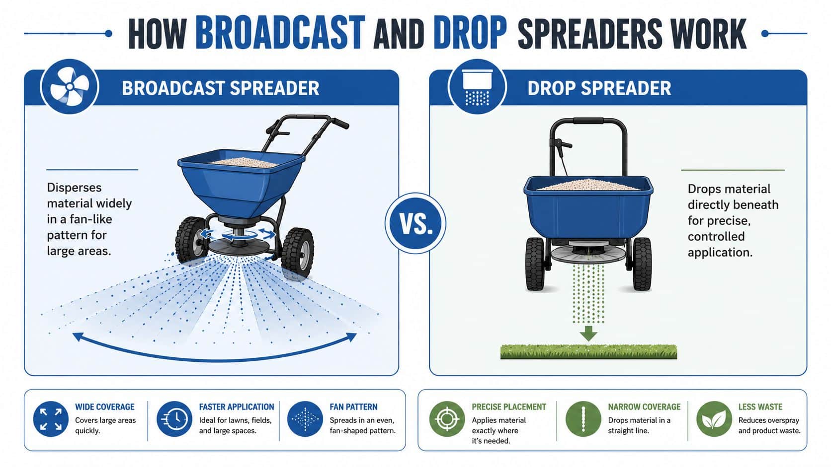 An infographic comparing how broadcast spreaders and drop spreaders work for lawn care and landscaping.