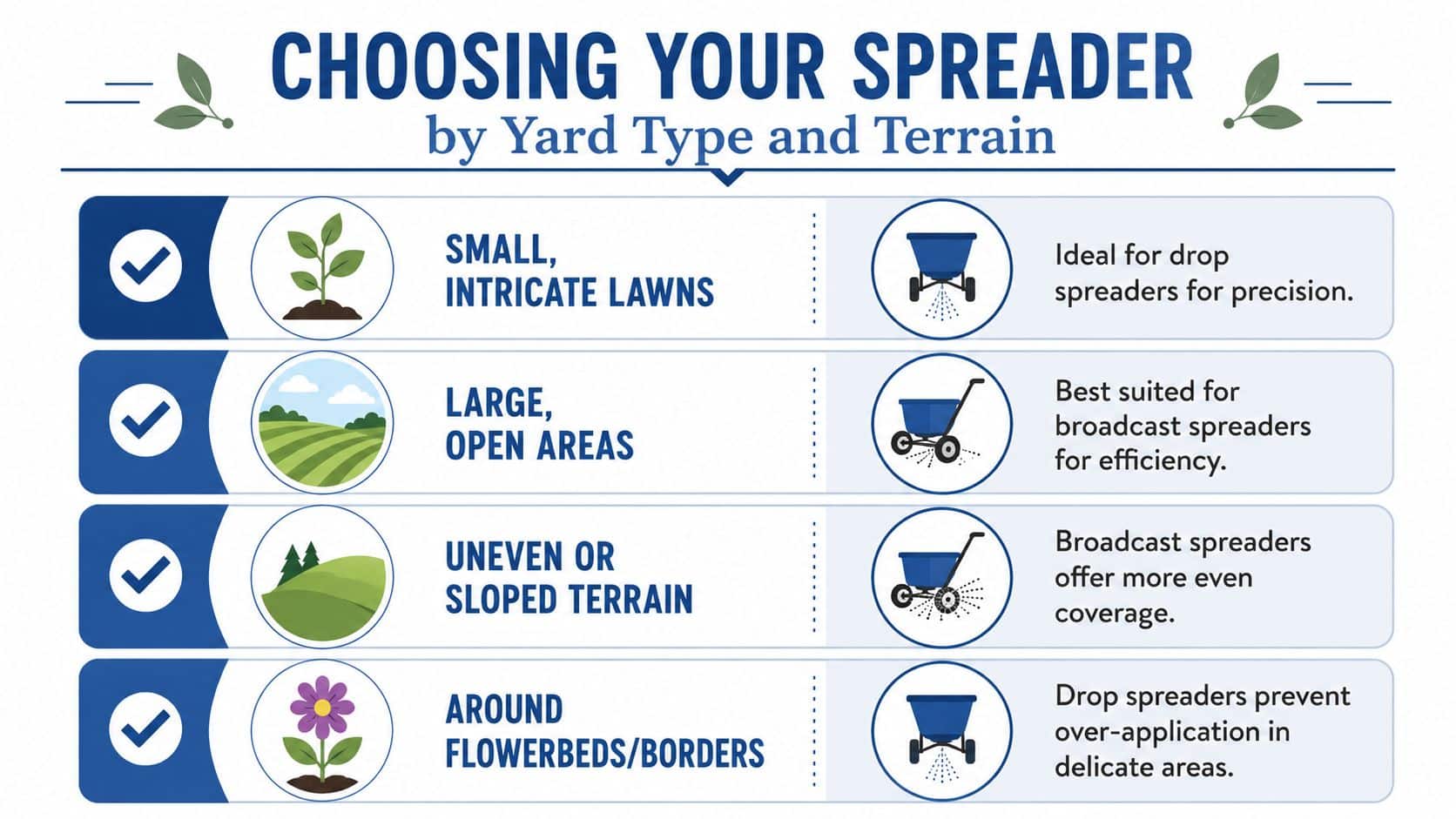 A comparison chart explaining how to choose between broadcast and drop spreaders for different lawn types and terrain.