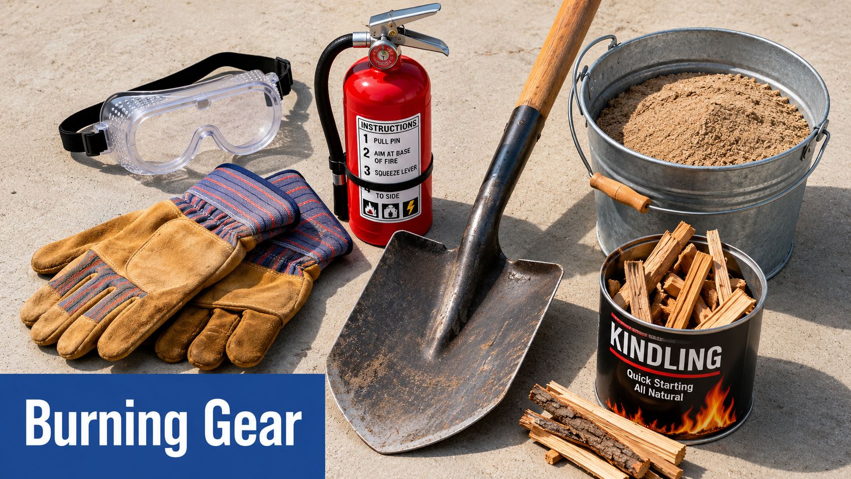 An array of fire safety and burning equipment including a fire extinguisher, shovel, bucket, gloves, and kindling.