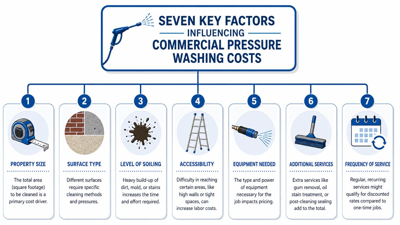 An infographic showing seven key factors that influence commercial pressure washing costs for businesses.