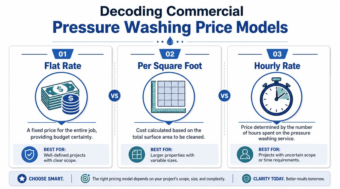 A visual guide explaining three common commercial pressure washing pricing models including flat rate, square footage, and hourly.