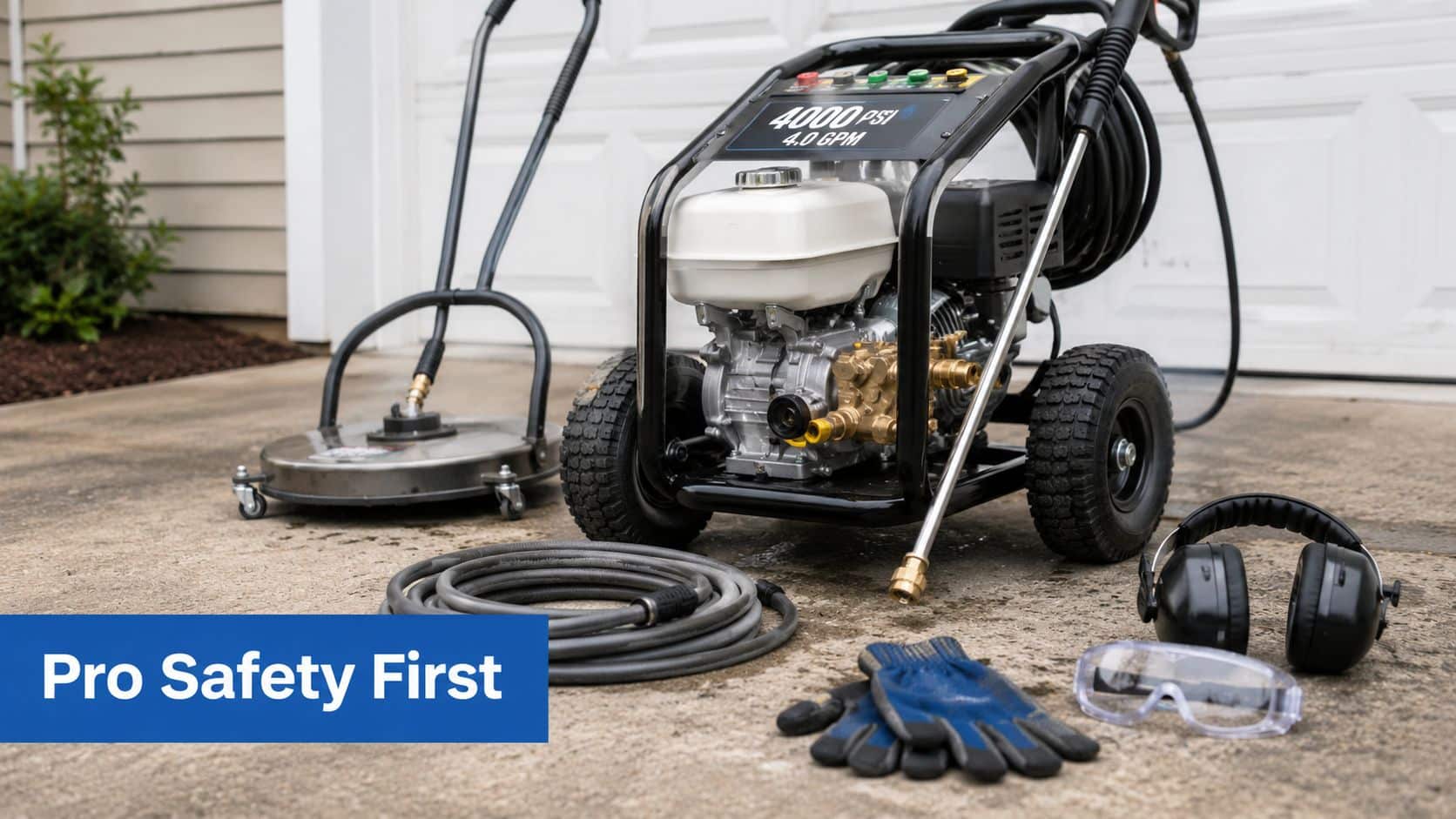 A professional pressure washer, surface cleaner, hose, and safety equipment arranged on a driveway.