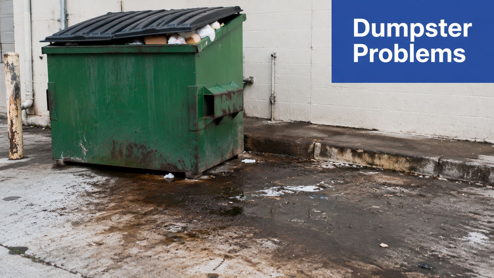 A dirty, stained dumpster pad area next to a commercial green dumpster outside a building.