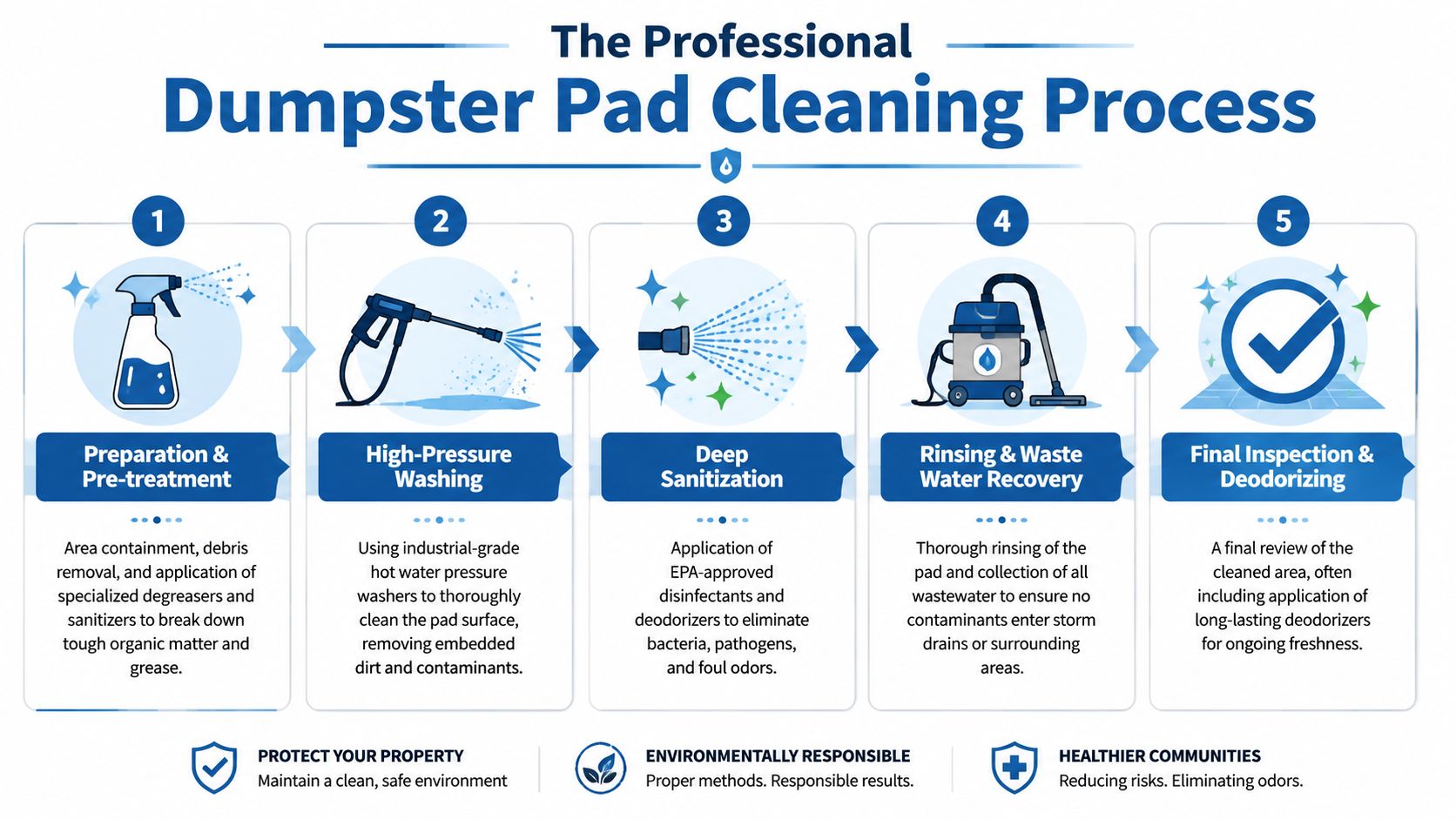 A five-step infographic showing the professional dumpster pad cleaning process from preparation to final inspection and deodorizing.