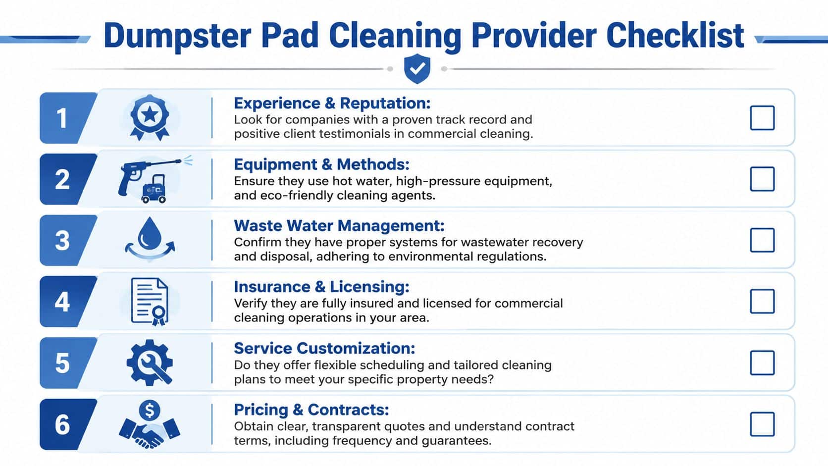 A six-point checklist for selecting a professional dumpster pad cleaning service provider for commercial properties.