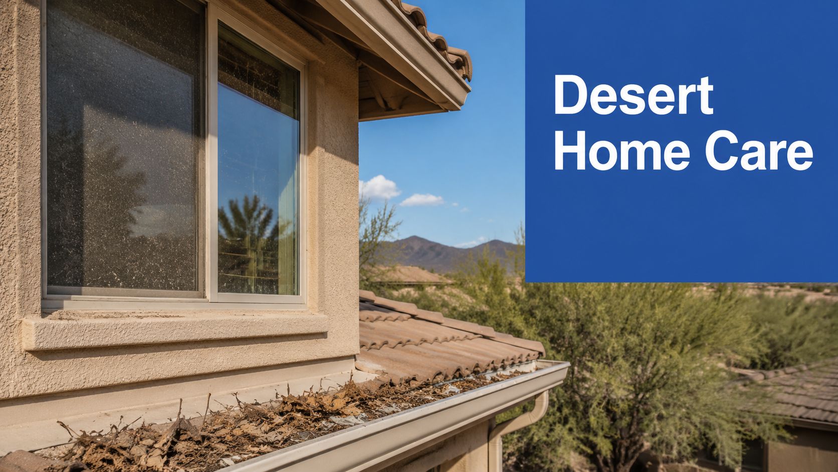 A dirty house gutter filled with dry leaves situated beneath a dusty window in a desert landscape.