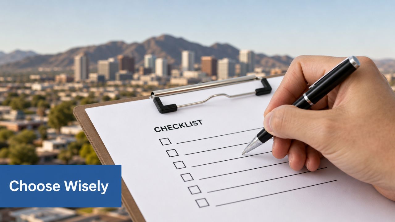 A hand holding a pen over a blank checklist against a backdrop of a city skyline.