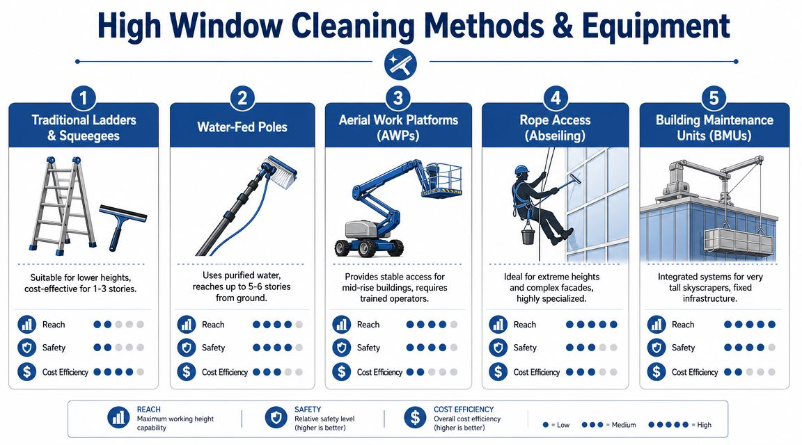 An infographic comparing five professional high window cleaning methods and their associated reach, safety, and cost efficiency.