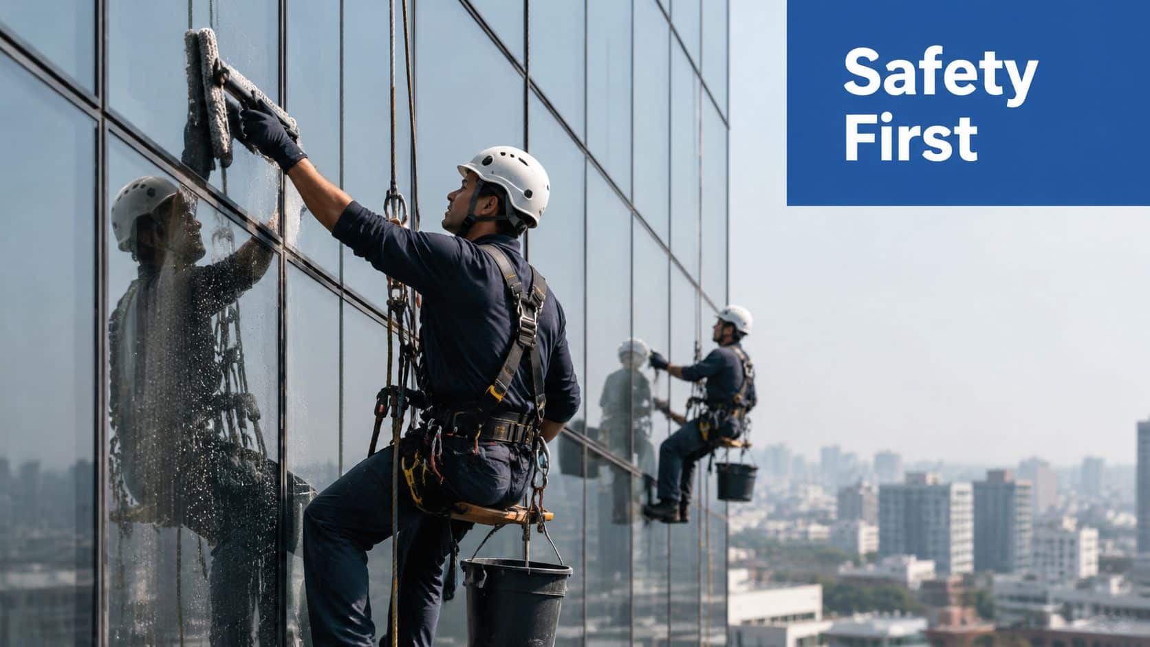 Two professional window cleaners working on ropes on the side of a modern glass skyscraper.