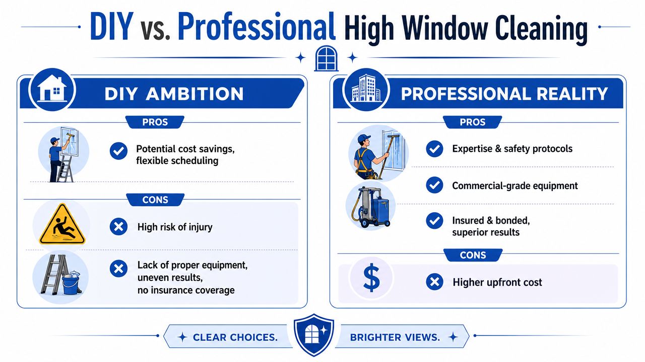 A comparison infographic between DIY and professional high window cleaning services detailing pros and cons.