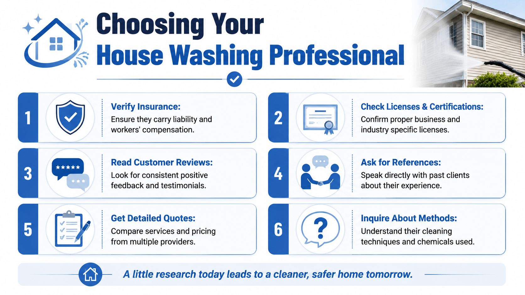 A six-step guide infographic for choosing a professional house washing service provider for your property.
