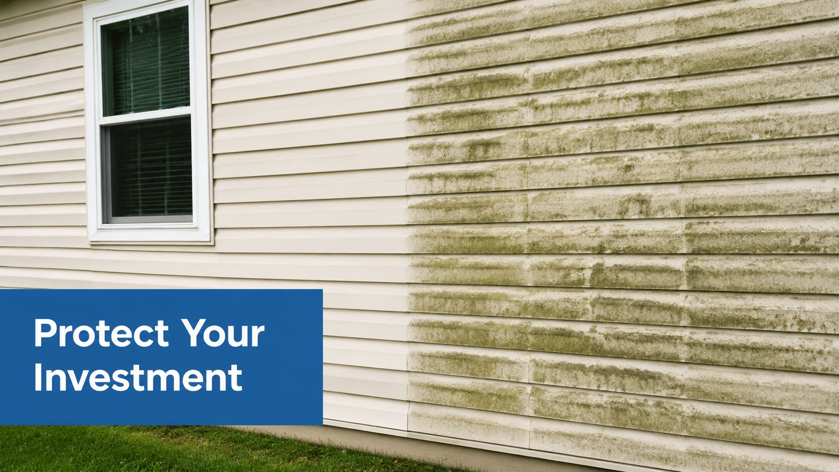 A split view showing the contrast between clean and dirty house siding before and after washing.
