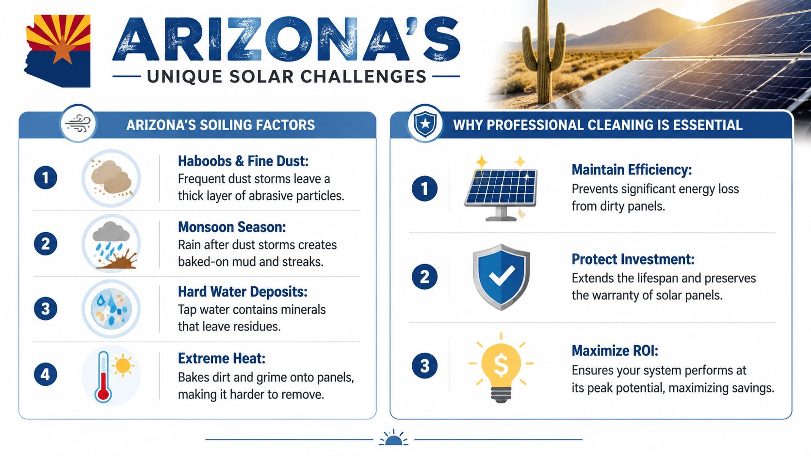 An infographic detailing environmental factors in Arizona that affect solar panel efficiency and the benefits of cleaning.