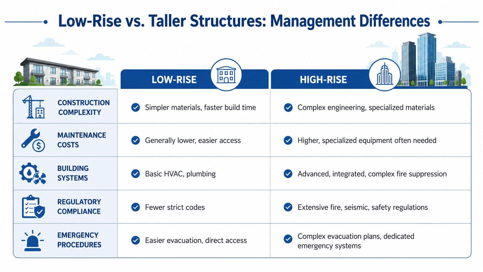 A comparison chart outlining management differences between low-rise and high-rise building construction and maintenance requirements.
