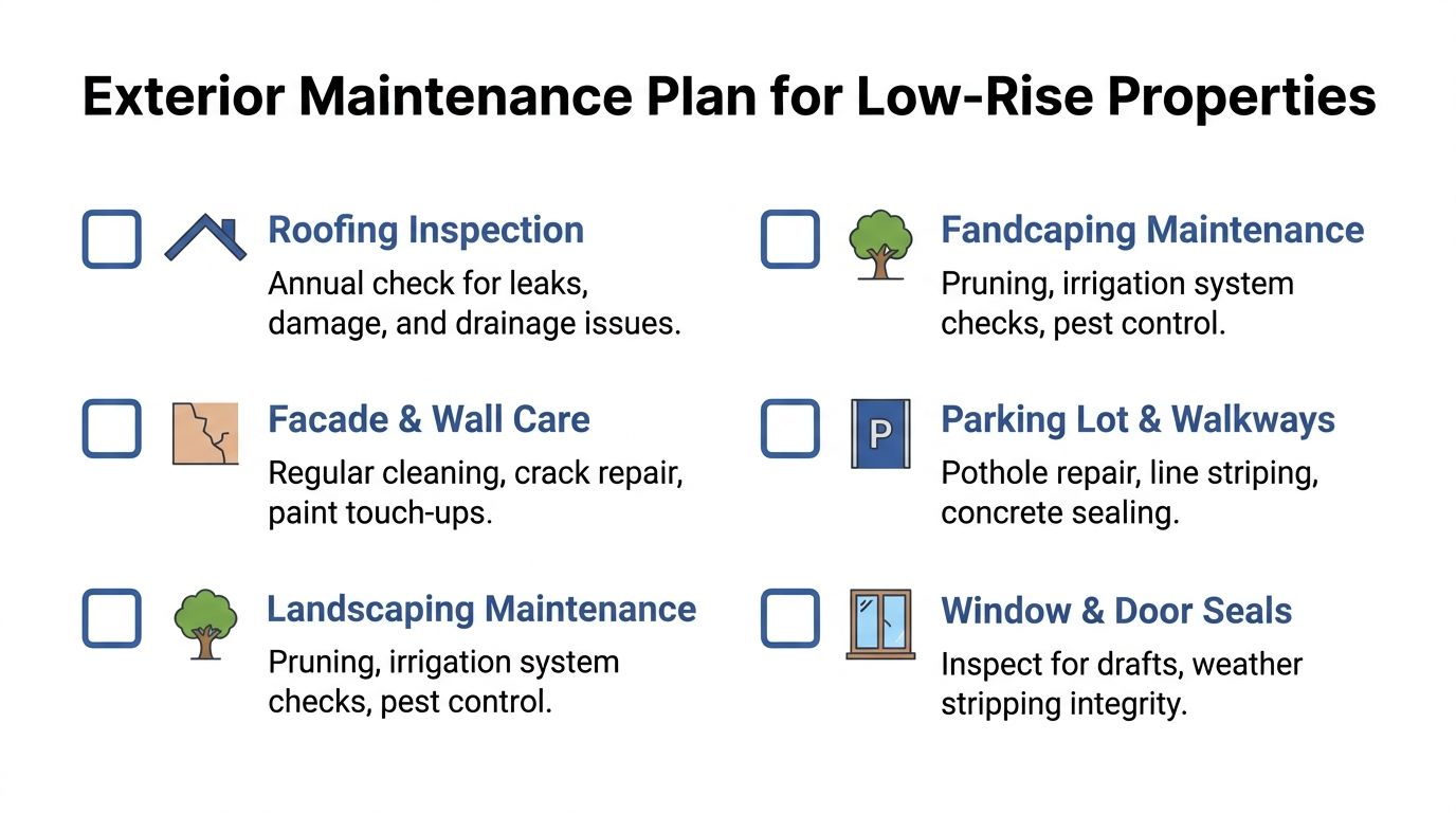 A checklist chart titled Exterior Maintenance Plan for Low-Rise Properties covering roof, wall, landscape, and parking maintenance.