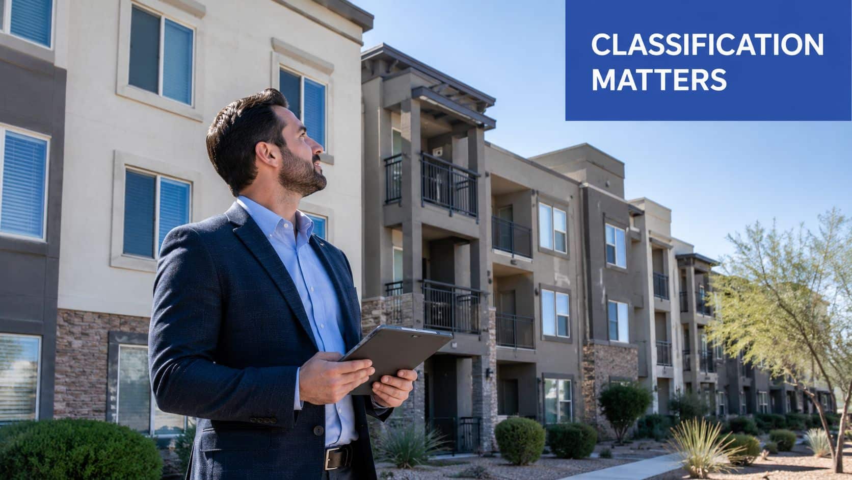 A professional man holding a tablet while looking at a modern low-rise residential apartment complex.