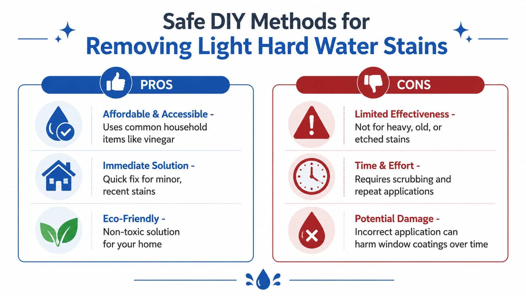 An infographic showing the pros and cons of using DIY methods for removing light hard water stains.