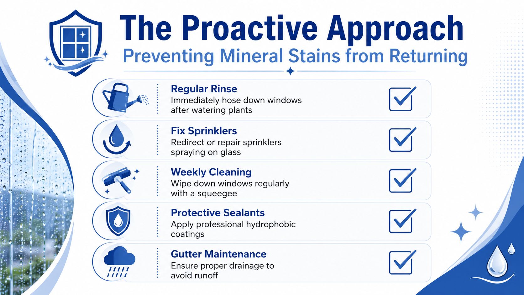 An infographic titled The Proactive Approach, illustrating five tips for preventing mineral deposits on glass windows.