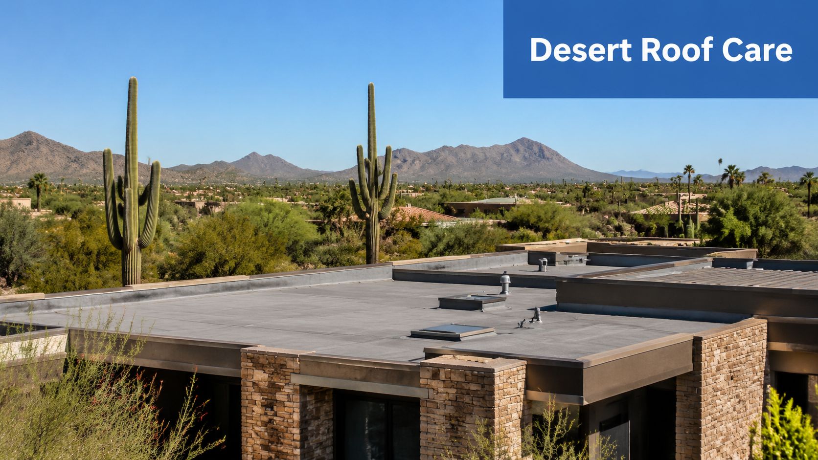 A modern flat-roof house situated in an Arizona desert landscape with large saguaro cacti and mountains.