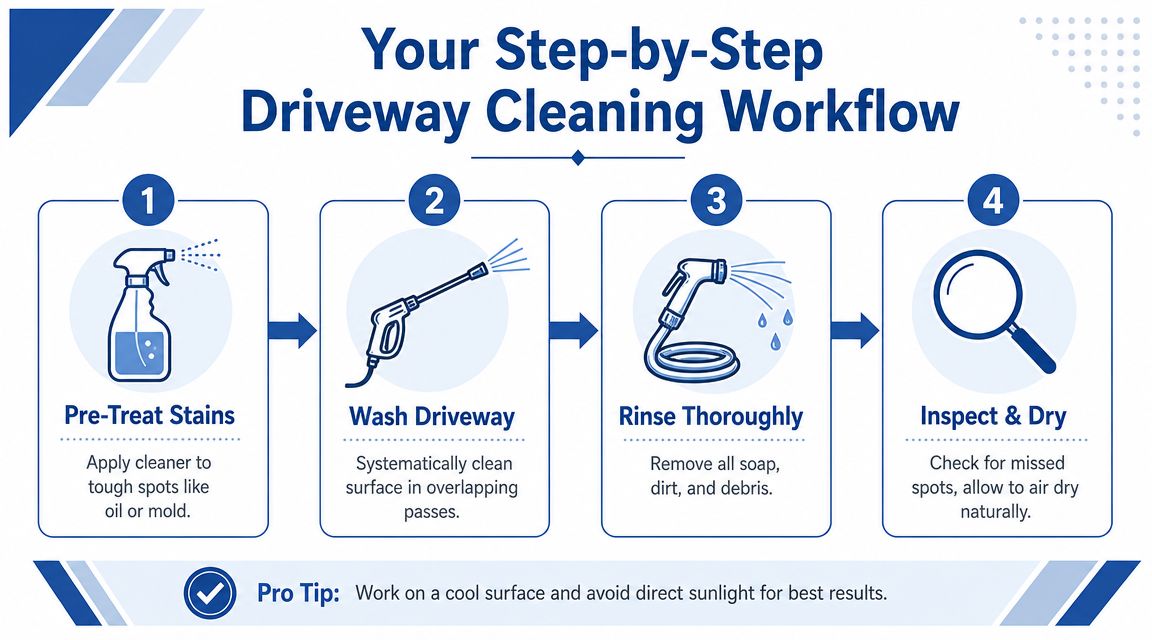 A step-by-step instructional infographic for cleaning a driveway, featuring four simple stages and a pro tip.