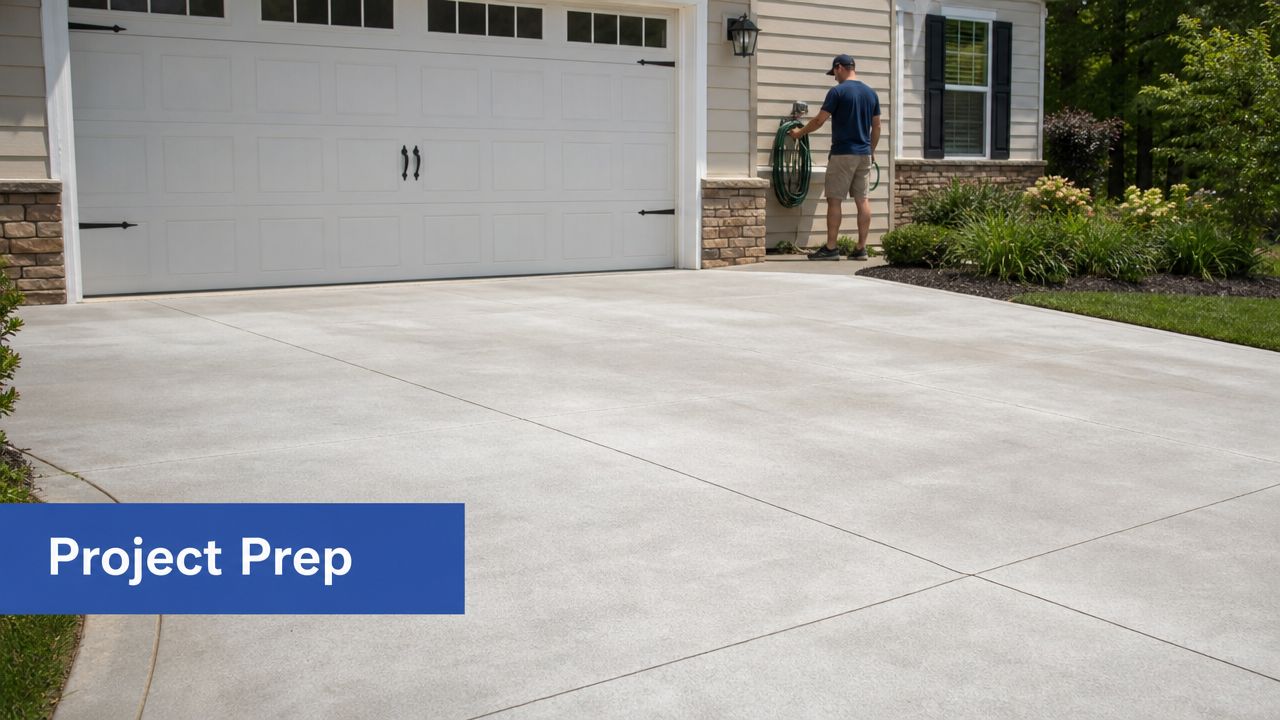 A man preparing to pressure wash a concrete driveway in front of a modern residential garage.