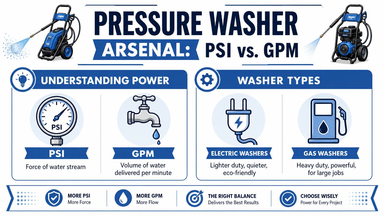 An infographic illustrating pressure washer specifications, comparing PSI and GPM, alongside electric and gas-powered cleaning equipment.