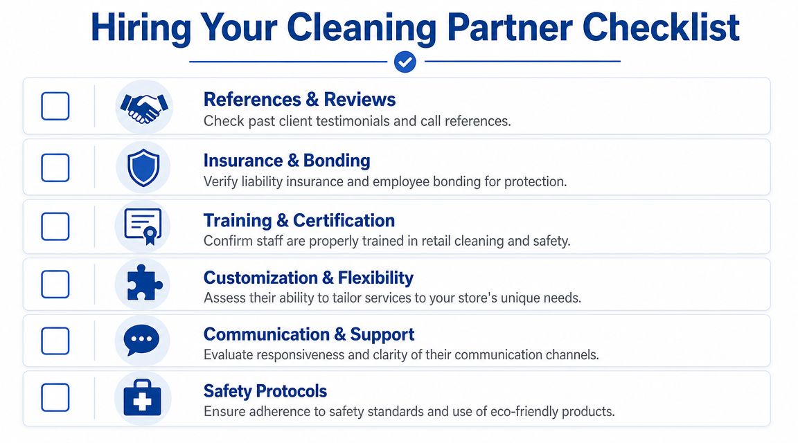 A checklist for businesses to follow when selecting a reliable professional retail store cleaning service provider.