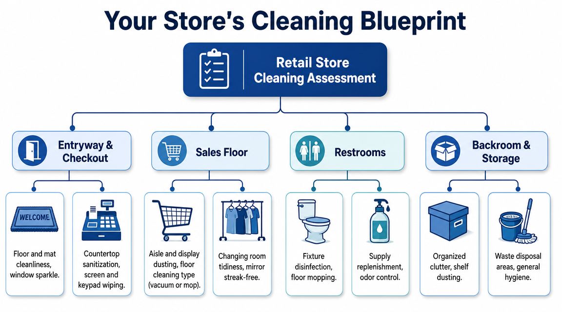 A flowchart titled Your Store's Cleaning Blueprint outlining essential cleaning tasks for various retail shop departments.